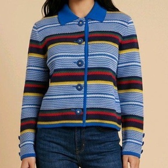 Yves Saint Laurent Sweaters - Vtg Yves Saint Laurent YSL Striped Button Cardigan M Nautical Snap Collar Lux